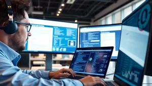 Email Security & Archiving layered setup showcasing professionals analyzing email auditing data with secure systems.