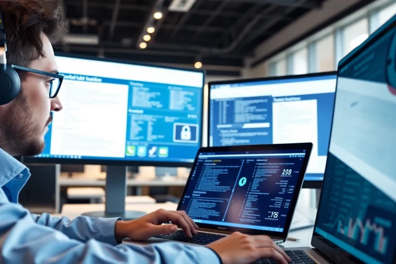 Email Security & Archiving layered setup showcasing professionals analyzing email auditing data with secure systems.