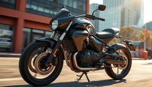 Verkauf eines gebrauchten Motorrads mit glänzenden Details und urbanem Hintergrund in der Sonne.