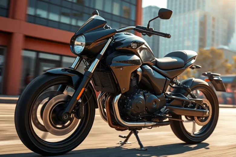 Verkauf eines gebrauchten Motorrads mit glänzenden Details und urbanem Hintergrund in der Sonne.