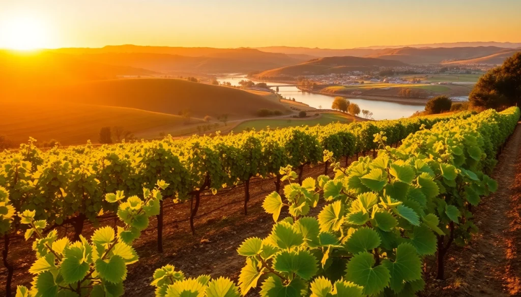 Vineyards in Clarksburg CA with sunset glow, highlighting the beauty of the wine region.