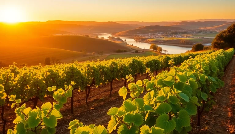 Vineyards in Clarksburg CA with sunset glow, highlighting the beauty of the wine region.