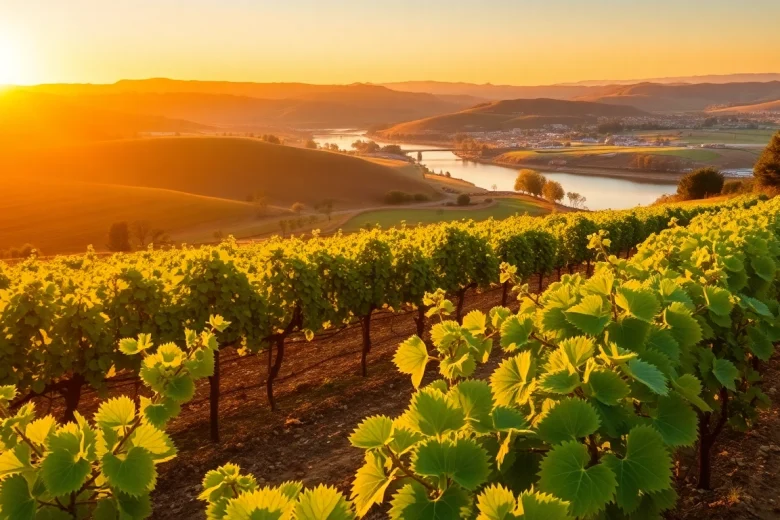 Vineyards in Clarksburg CA with sunset glow, highlighting the beauty of the wine region.