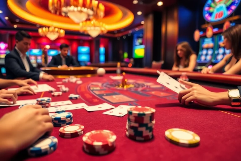 Exciting baccarat action at F168's casino, featuring vibrant chips and a thrilling atmosphere.