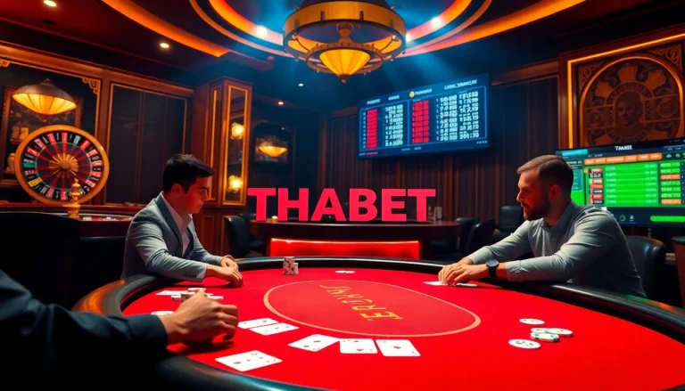 THABET poker table action capturing intense gameplay with vibrant chips and cards.
