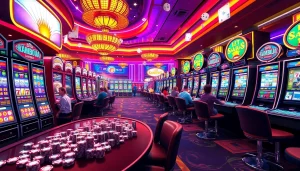 Players enjoy the excitement of slot kamboja bet 100 in a vibrant casino atmosphere with colorful machines and chips.