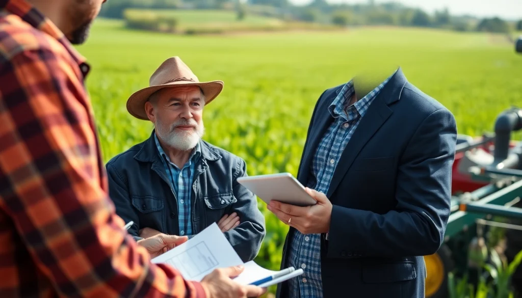 Navigate agriculture law with a lawyer advising a farmer in an agricultural setting.