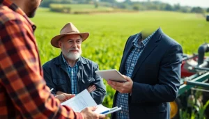 Navigate agriculture law with a lawyer advising a farmer in an agricultural setting.