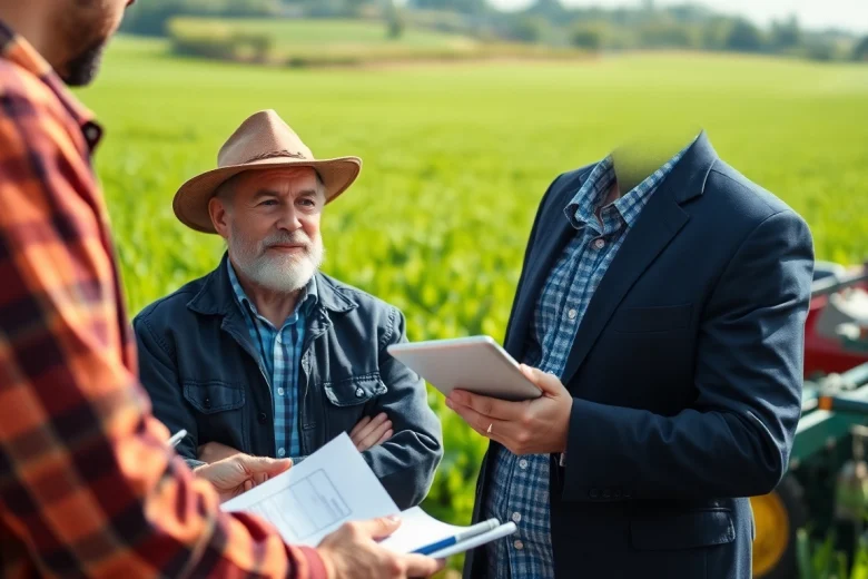Navigate agriculture law with a lawyer advising a farmer in an agricultural setting.