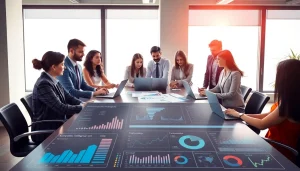 Analyze competitive intelligence data with a diverse team in a bright, modern office.