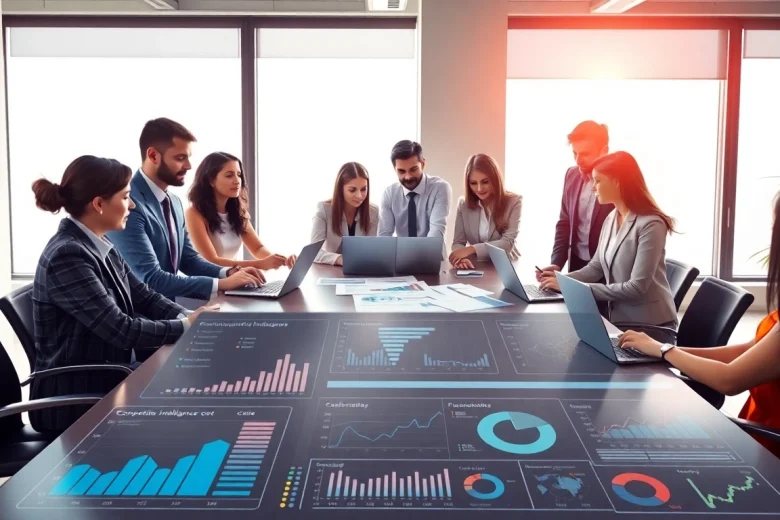 Analyze competitive intelligence data with a diverse team in a bright, modern office.