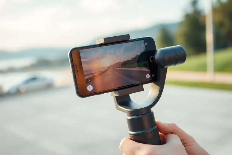 Smartphone gimbal in use, showcasing its スマホジンバル capabilities for smooth video stabilization.