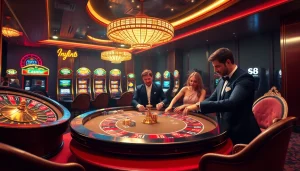 S8 casino enthusiasts engaging in high-stakes poker under glamorous casino lights.