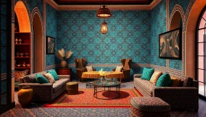 Carreaux Zellige dans une pièce luxueuse d'inspiration marocaine, présentant des motifs complexes et des couleurs chaudes.