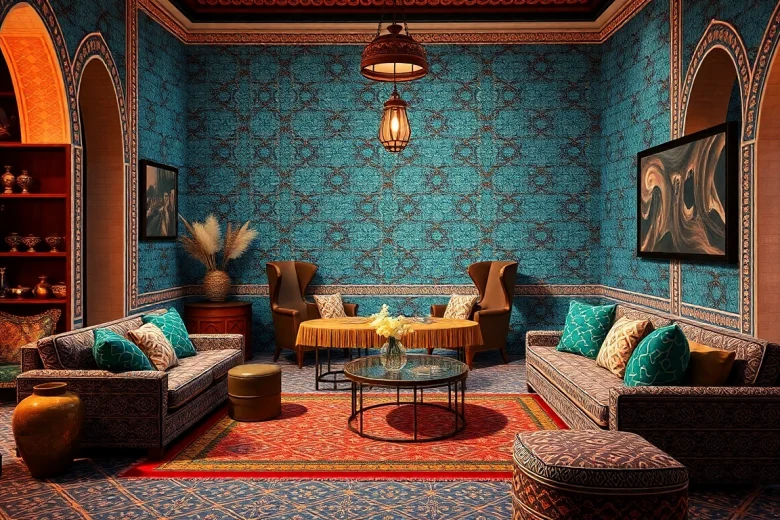 Carreaux Zellige dans une pièce luxueuse d'inspiration marocaine, présentant des motifs complexes et des couleurs chaudes.