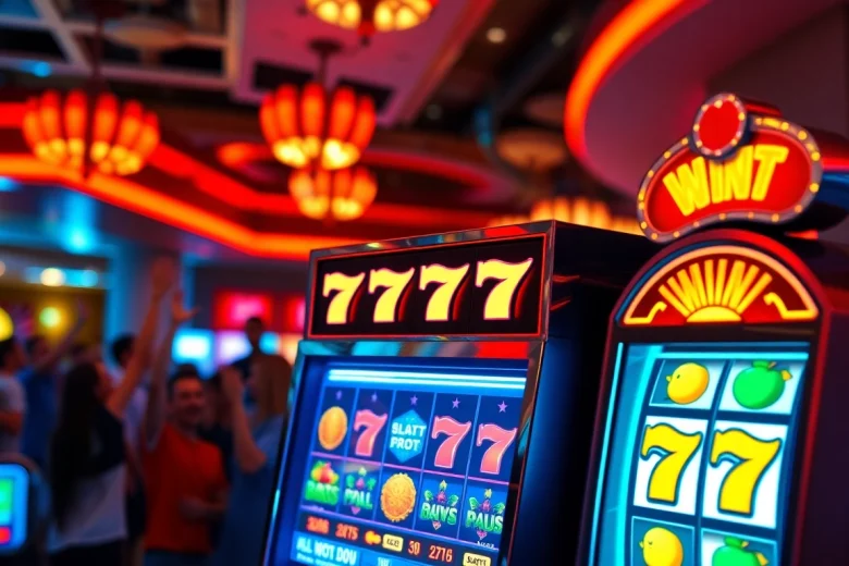 Mainkan petanitoto dengan kegembiraan mesin slot yang berkilau dan simbol menang berwarna-warni.