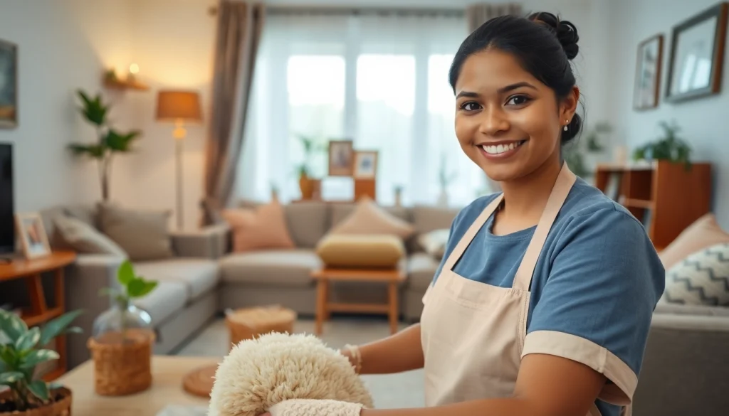 Indian maid from Mizoram expertly arranging a cozy living room for a welcoming atmosphere.