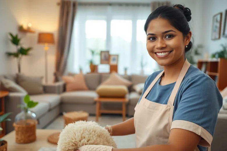 Indian maid from Mizoram expertly arranging a cozy living room for a welcoming atmosphere.