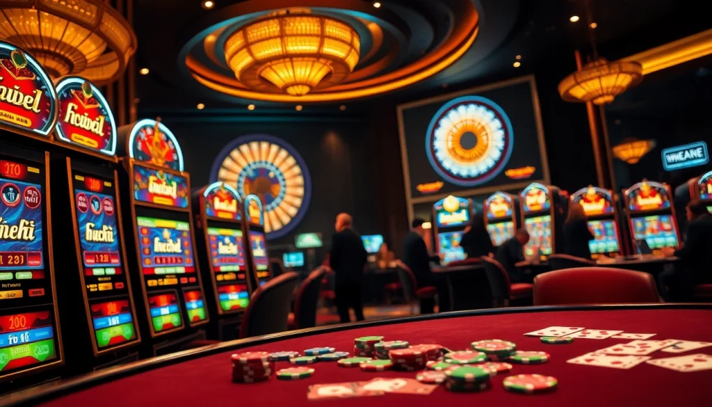 Experience the thrill of nổ hủ while playing vibrant slot machines in a luxurious casino.
