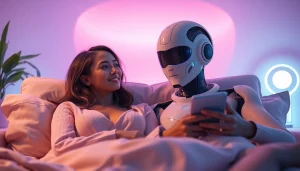 AI sex: A warm, intimate interaction between a user and a futuristic AI companion highlighting emotional connection.