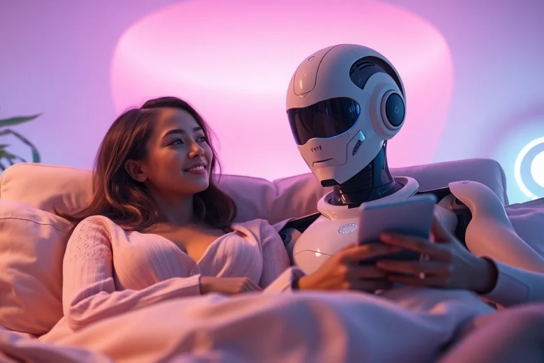 AI sex: A warm, intimate interaction between a user and a futuristic AI companion highlighting emotional connection.