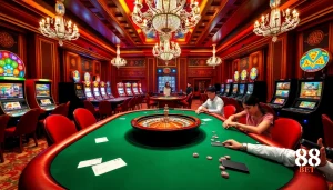 Experience the excitement of 188 bet at a luxurious casino with vibrant gaming tables and slots.