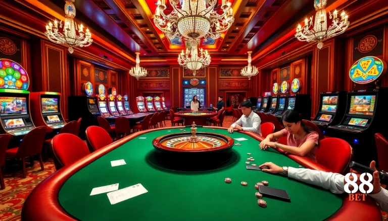 Experience the excitement of 188 bet at a luxurious casino with vibrant gaming tables and slots.