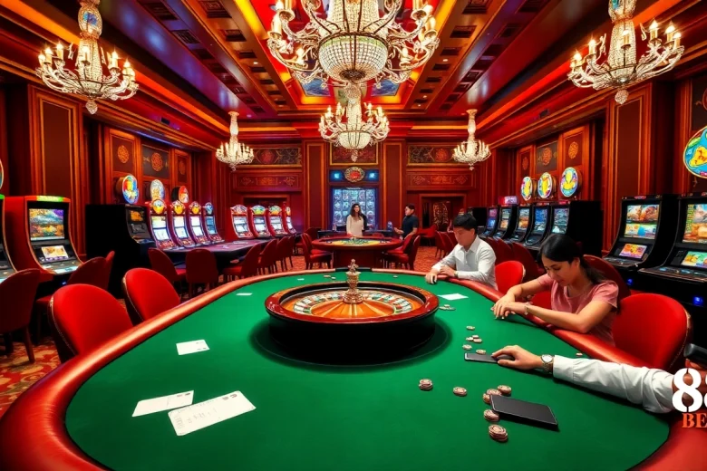 Experience the excitement of 188 bet at a luxurious casino with vibrant gaming tables and slots.