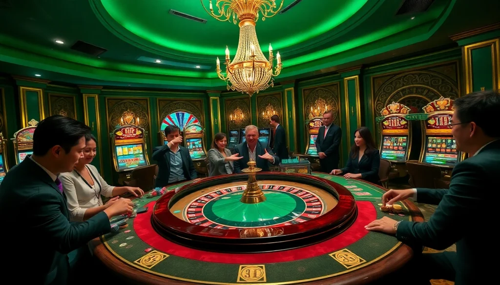 Nohu-themed casino featuring vibrant roulette table and colorful slot machines.