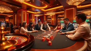 M88-themed casino environment showcasing players engaging in poker with vibrant decor.