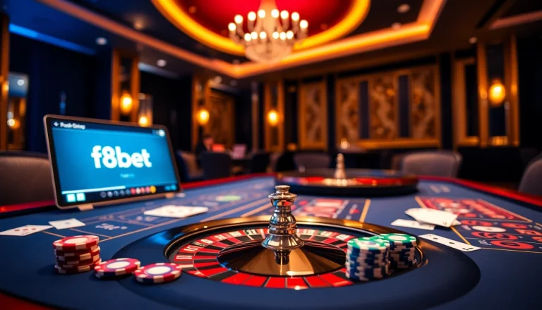 Experience excitement at the f8bet casino table with vibrant roulette and poker elements.