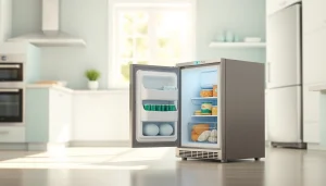 Mini freezer showcasing organized frozen items in a bright kitchen setting.