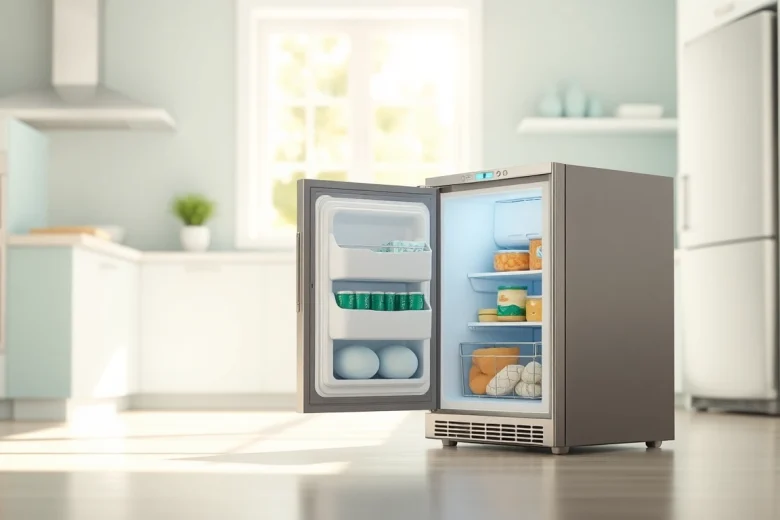 Mini freezer showcasing organized frozen items in a bright kitchen setting.