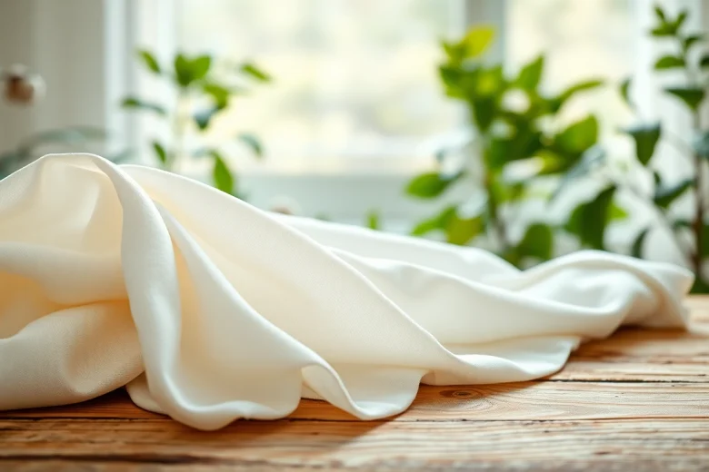 Katoen stof uit verschillende kleuren die elegant op een houten tafel ligt.