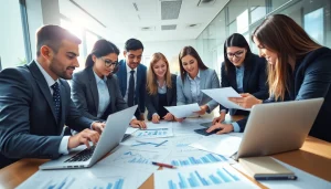 VAT Return Filing scene with professionals collaborating in a modern office environment, emphasizing finance and teamwork.