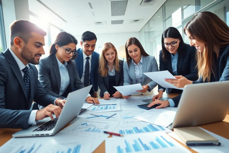 VAT Return Filing scene with professionals collaborating in a modern office environment, emphasizing finance and teamwork.