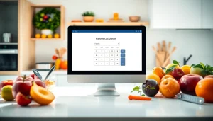 Calculate daily calorie needs with an interactive calorie calculator on a modern kitchen workspace.