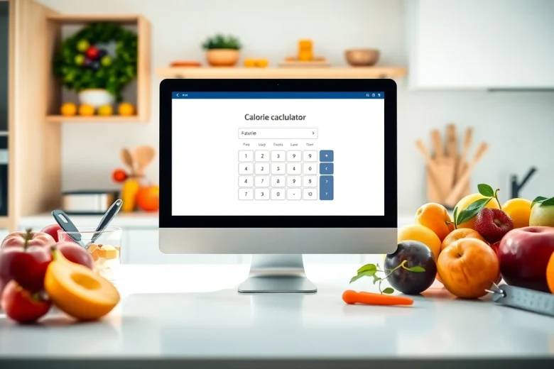 Calculate daily calorie needs with an interactive calorie calculator on a modern kitchen workspace.