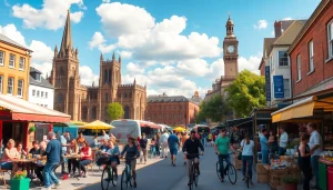 Crowd enjoying Coventry's vibrant city center at https://coventryhub.co.uk with iconic landmarks.