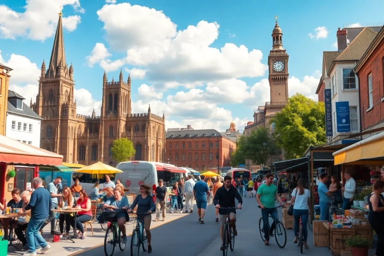 Crowd enjoying Coventry's vibrant city center at https://coventryhub.co.uk with iconic landmarks.