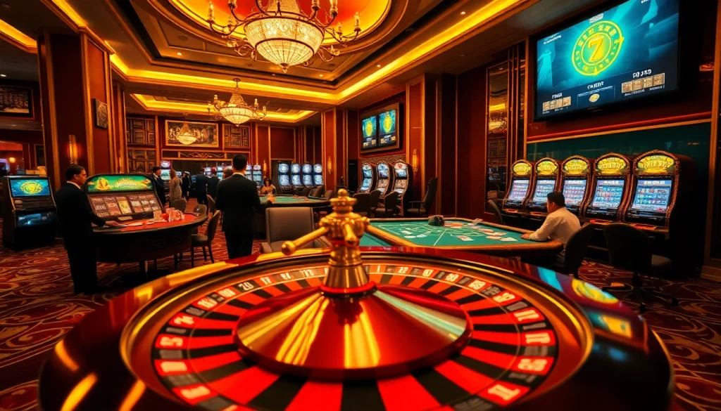 Engage with Nhà Cái Uy Tín in a dazzling casino scene featuring roulette, poker, and vibrant slot machines.