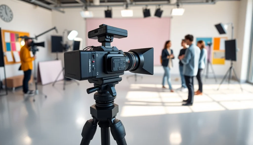 Capture dynamic corporate video production scene featuring a professional team in action.