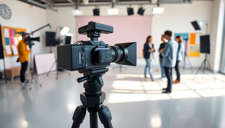 Capture dynamic corporate video production scene featuring a professional team in action.