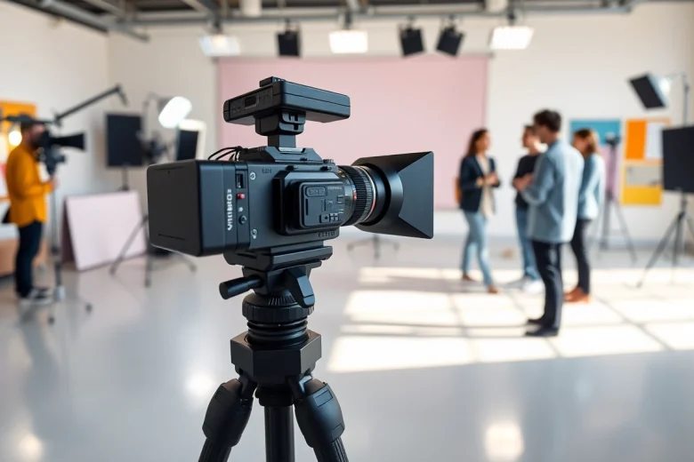 Capture dynamic corporate video production scene featuring a professional team in action.