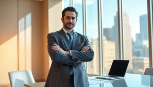 Engaged eminent domain lawyer in modern office showcasing legal expertise and determination.