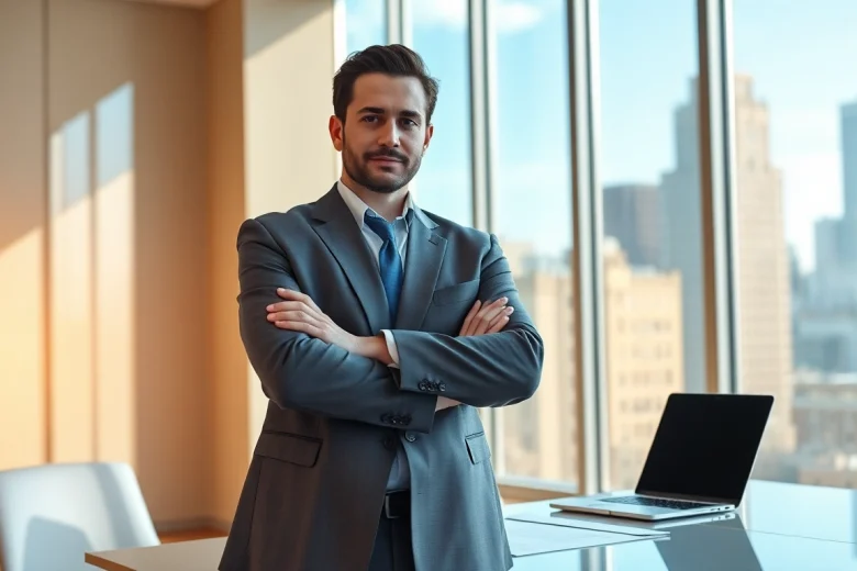 Engaged eminent domain lawyer in modern office showcasing legal expertise and determination.