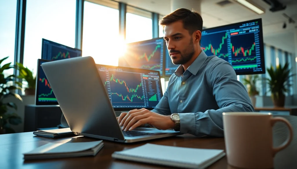Trader analyzing hotforex mt4 charts in a bright, professional office setting.