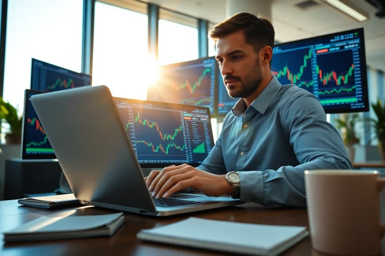 Trader analyzing hotforex mt4 charts in a bright, professional office setting.