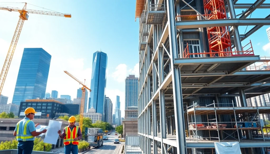 Illustration of a steel structure design in a busy city showcasing construction workers and modern buildings.