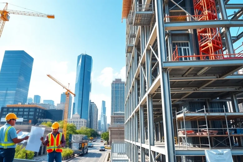 Illustration of a steel structure design in a busy city showcasing construction workers and modern buildings.